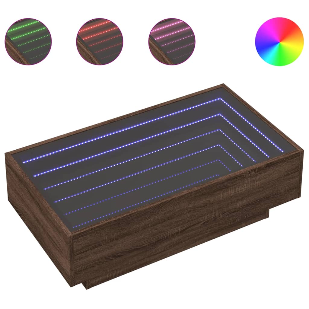 barna tölgy szerelt fa dohányzóasztal LED-del 90 x 50 x 30 cm