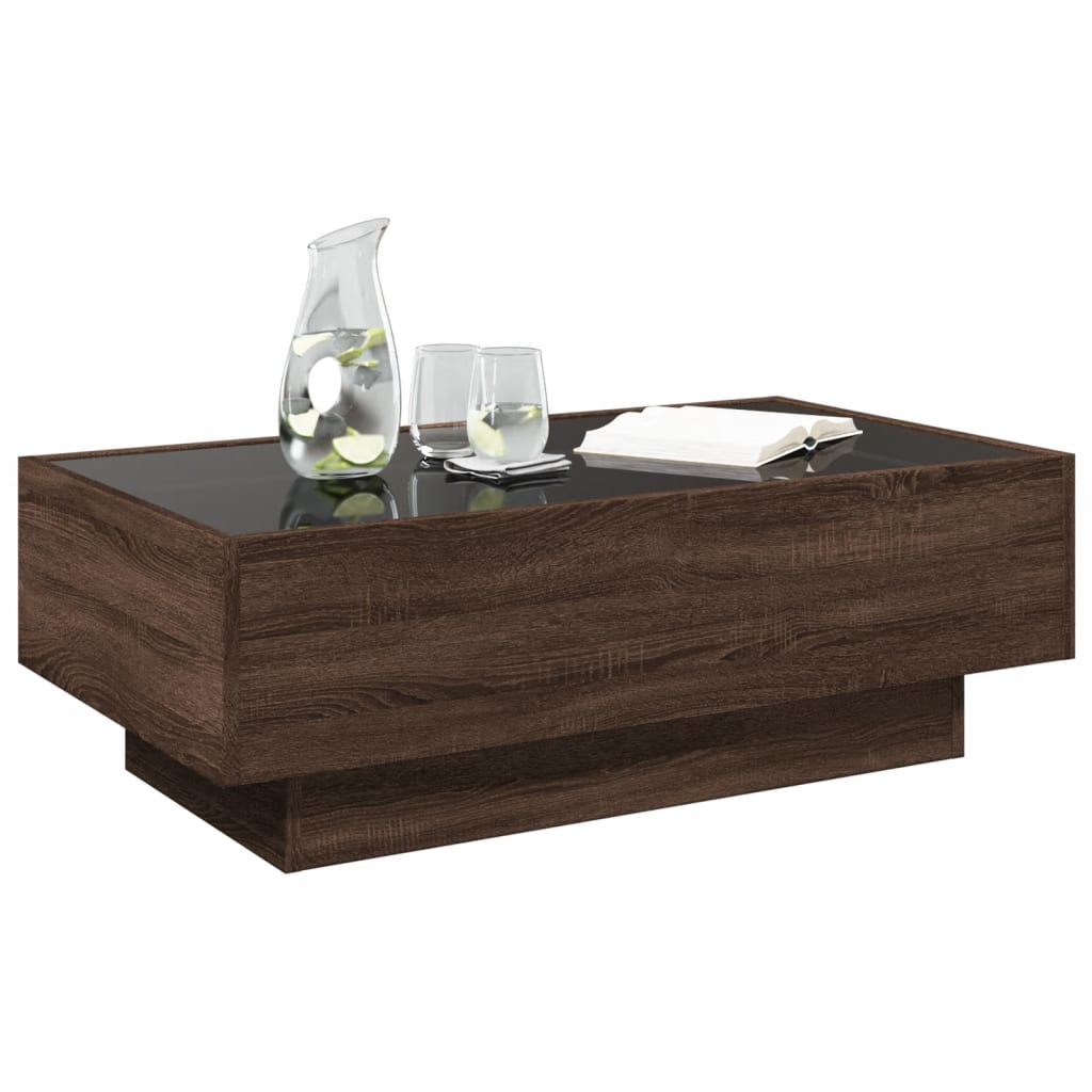 barna tölgy szerelt fa dohányzóasztal LED-del 90 x 50 x 30 cm