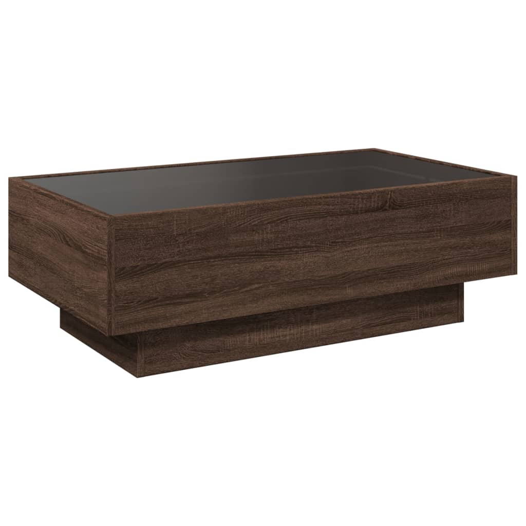 barna tölgy szerelt fa dohányzóasztal LED-del 90 x 50 x 30 cm