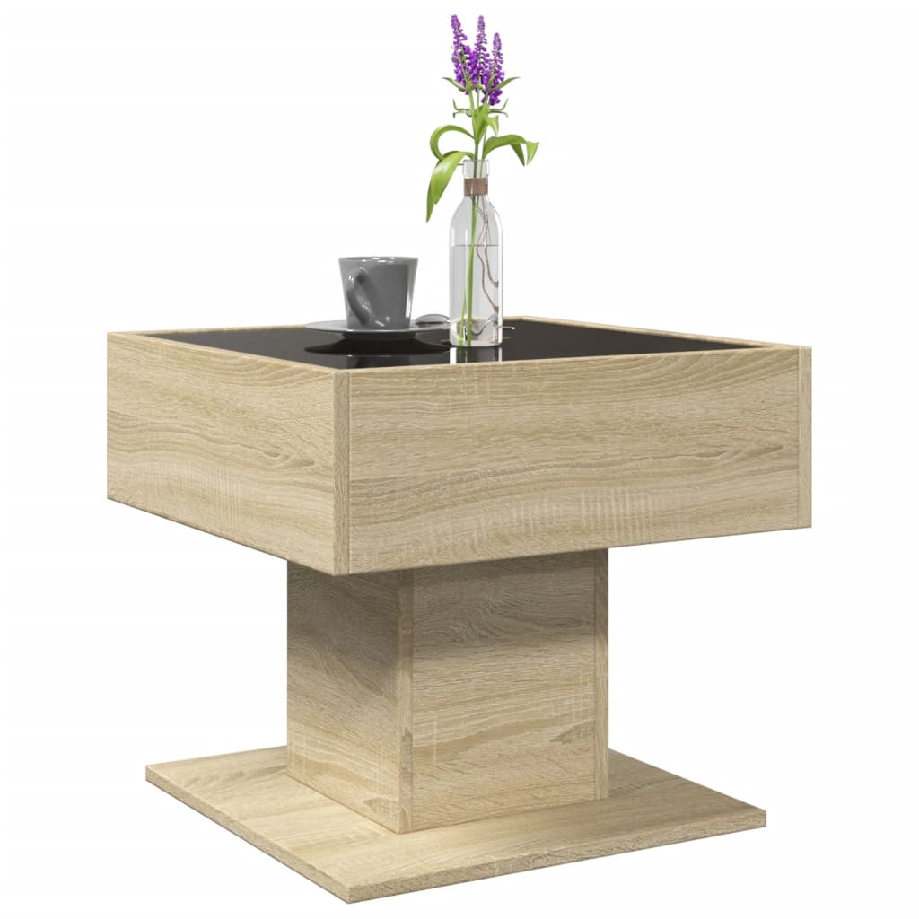 sonoma tölgy szerelt fa dohányzóasztal LED-del 50 x 50 x 45 cm