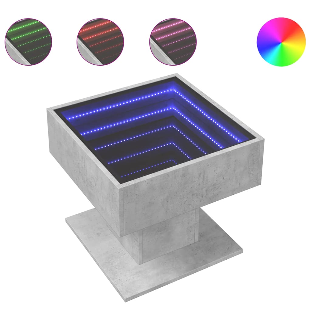 betonszürke szerelt fa dohányzóasztal LED-del 50 x 50 x 45 cm