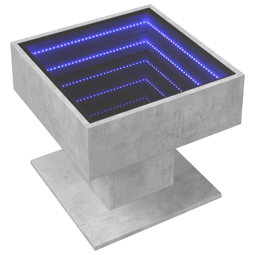 betonszürke szerelt fa dohányzóasztal LED-del 50 x 50 x 45 cm