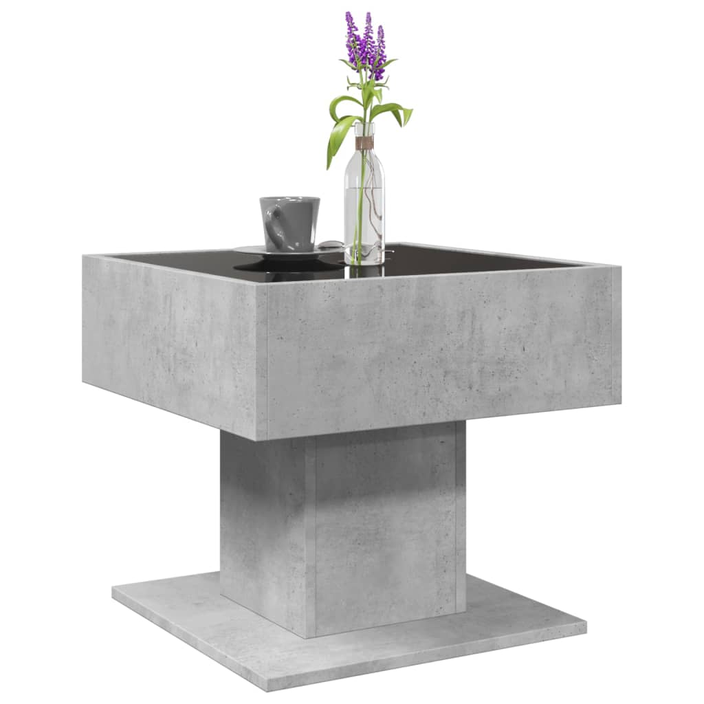 betonszürke szerelt fa dohányzóasztal LED-del 50 x 50 x 45 cm