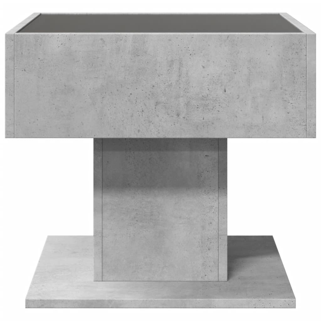 betonszürke szerelt fa dohányzóasztal LED-del 50 x 50 x 45 cm