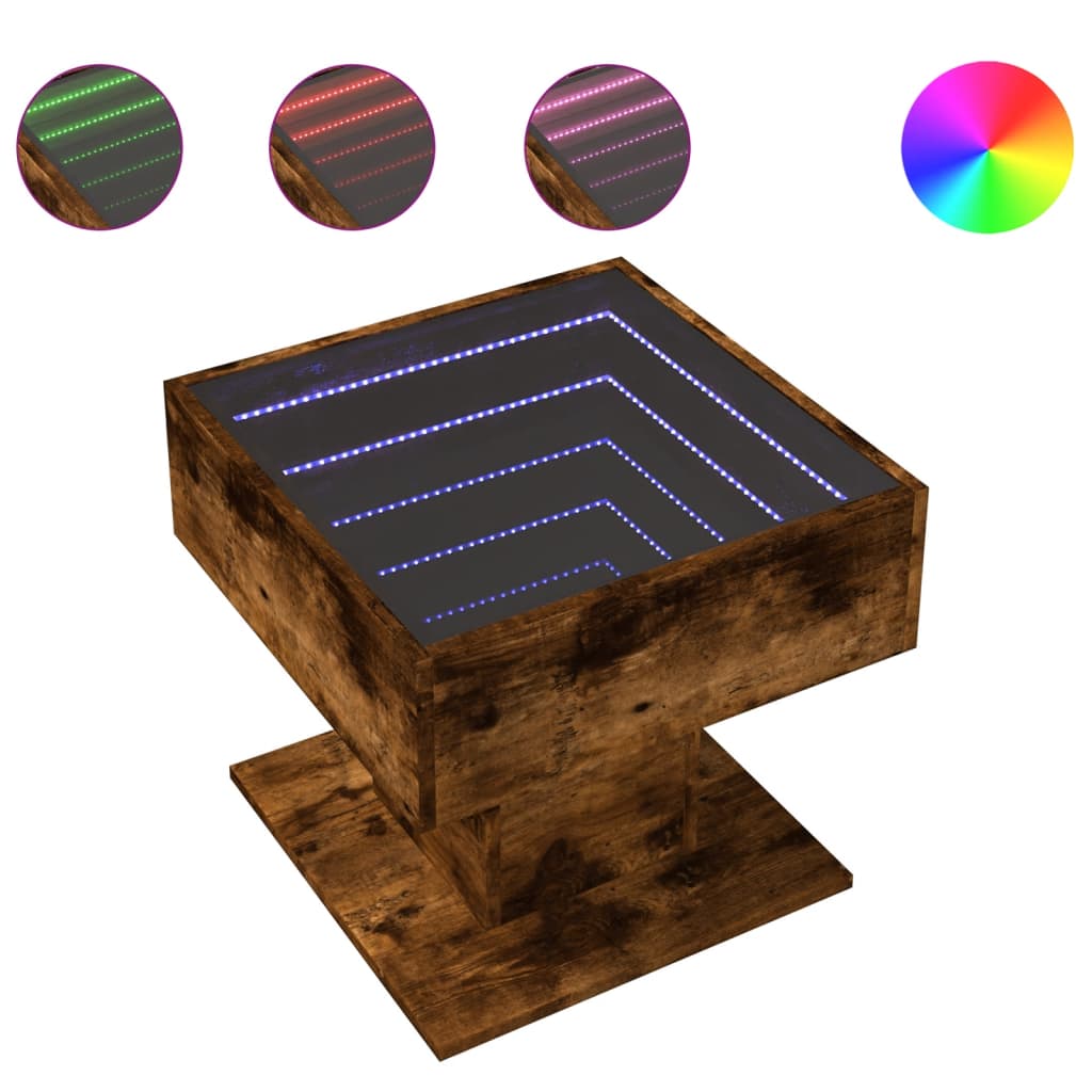 füstös tölgy szerelt fa dohányzóasztal LED-del 50 x 50 x 45 cm