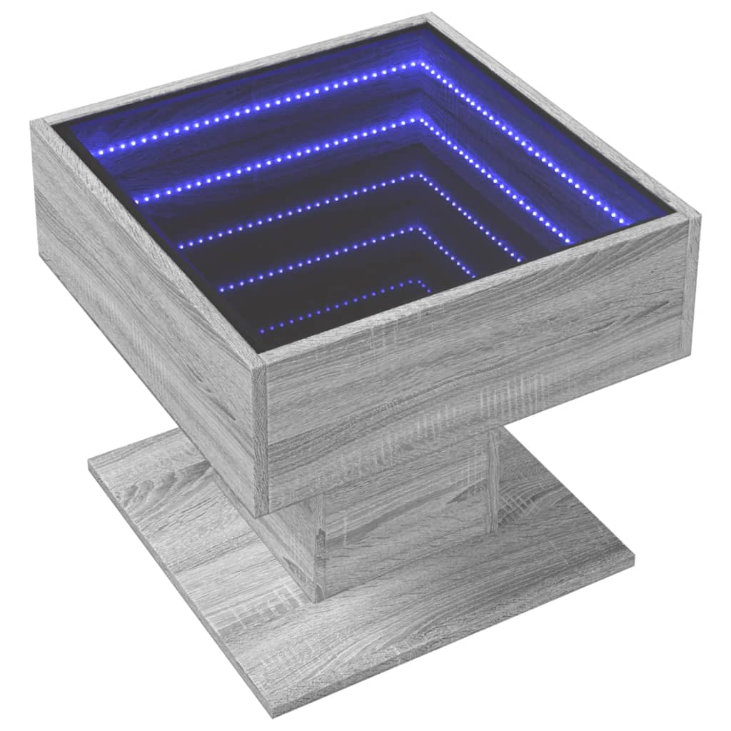 szürke sonoma szerelt fa dohányzóasztal LED-del 50 x 50 x 45 cm