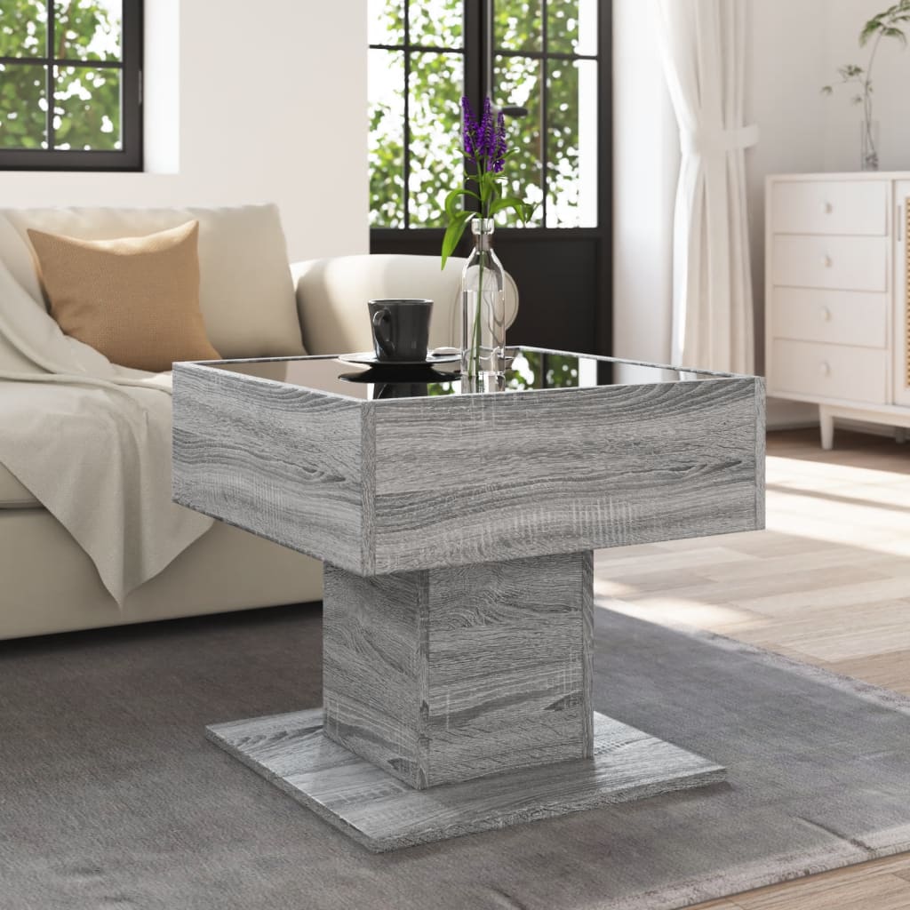 szürke sonoma szerelt fa dohányzóasztal LED-del 50 x 50 x 45 cm