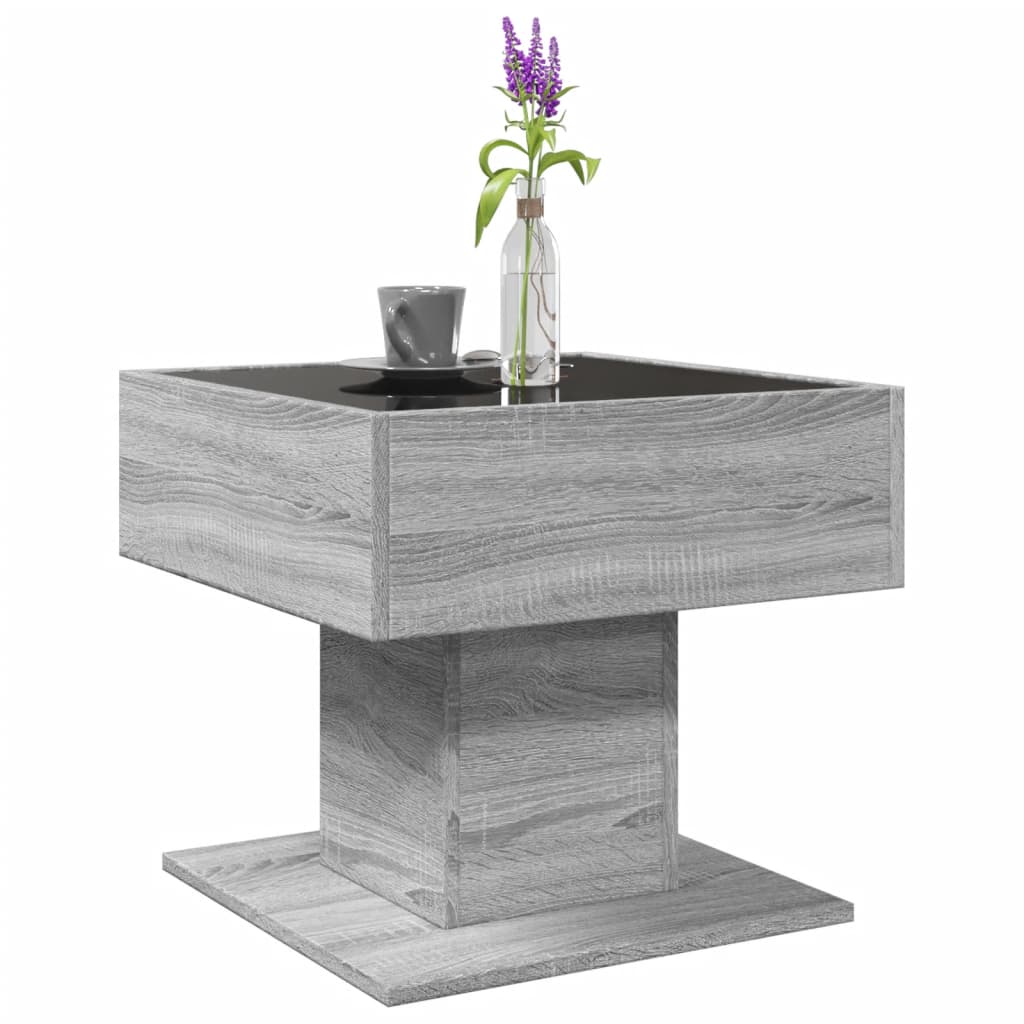 szürke sonoma szerelt fa dohányzóasztal LED-del 50 x 50 x 45 cm