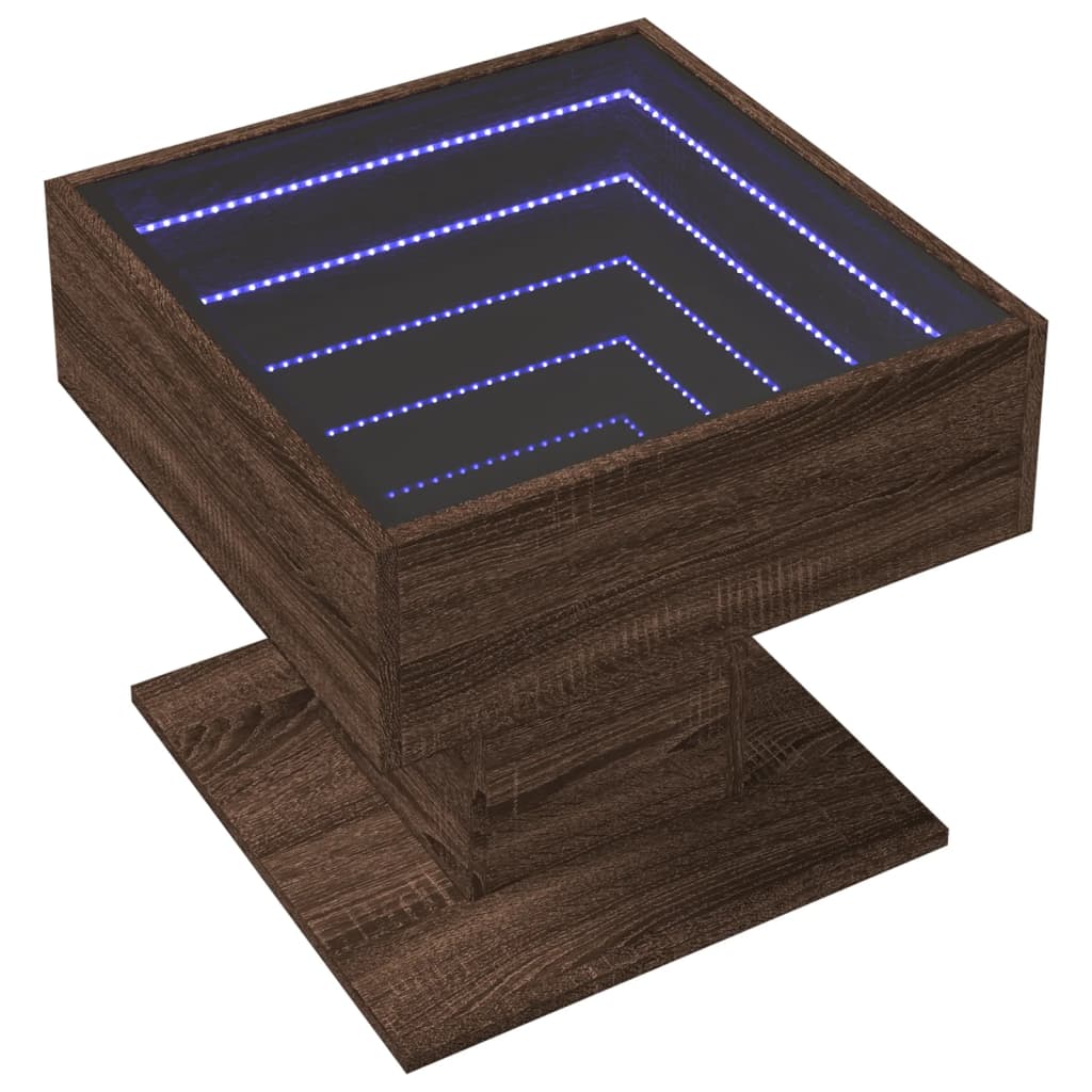 barna tölgy szerelt fa dohányzóasztal LED-del 50 x 50 x 45 cm