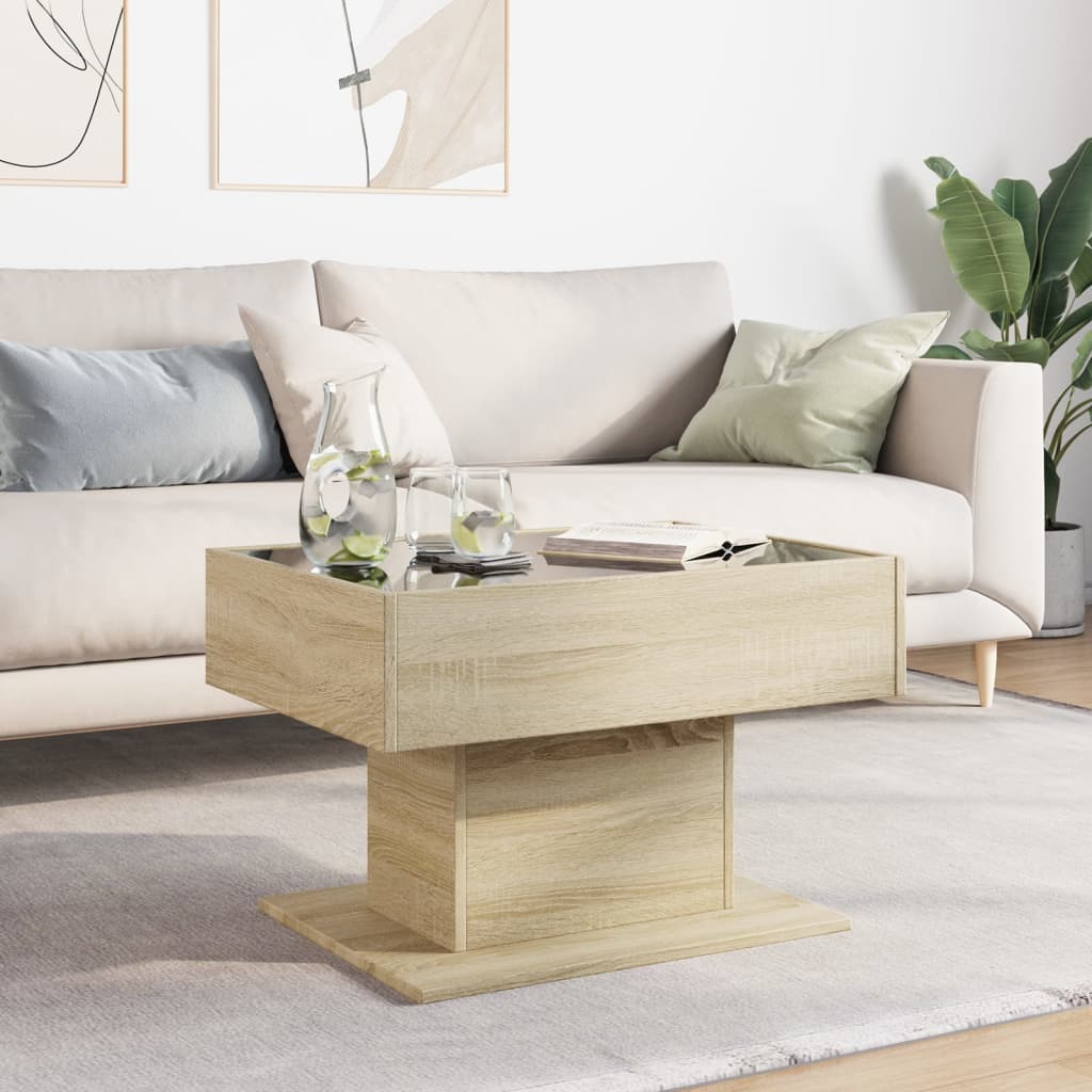 sonoma tölgy szerelt fa dohányzóasztal LED-del 70 x 50 x 45 cm