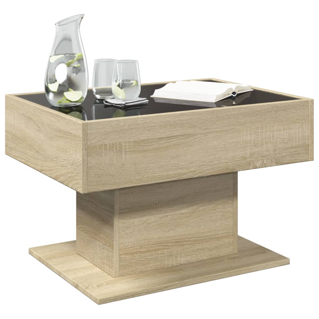 sonoma tölgy szerelt fa dohányzóasztal LED-del 70 x 50 x 45 cm
