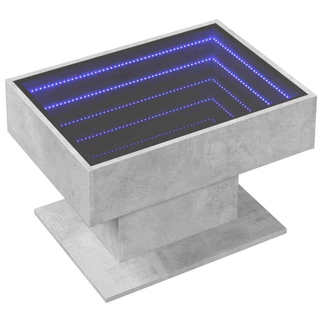 betonszürke szerelt fa dohányzóasztal LED-del 70 x 50 x 45 cm