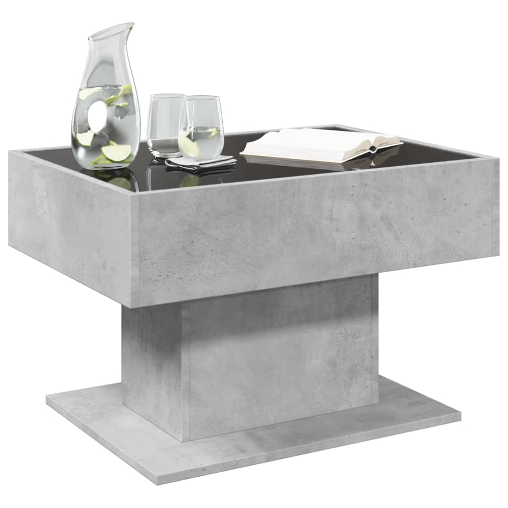 betonszürke szerelt fa dohányzóasztal LED-del 70 x 50 x 45 cm