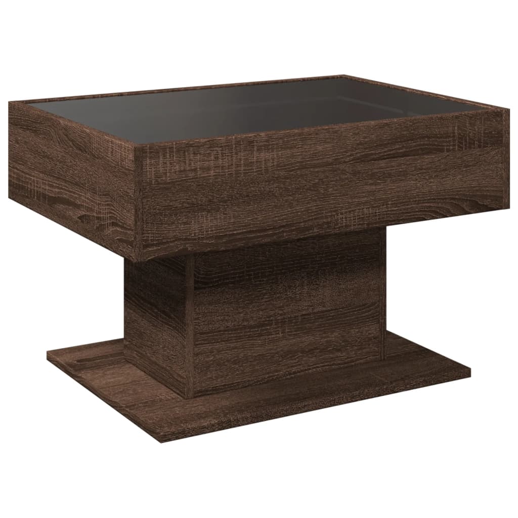 barna tölgy szerelt fa dohányzóasztal LED-del 70 x 50 x 45 cm