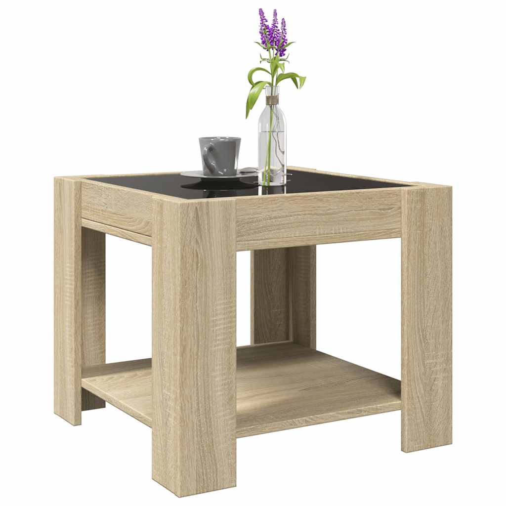 sonoma tölgy szerelt fa dohányzóasztal LED-del 53 x 53 x 45 cm