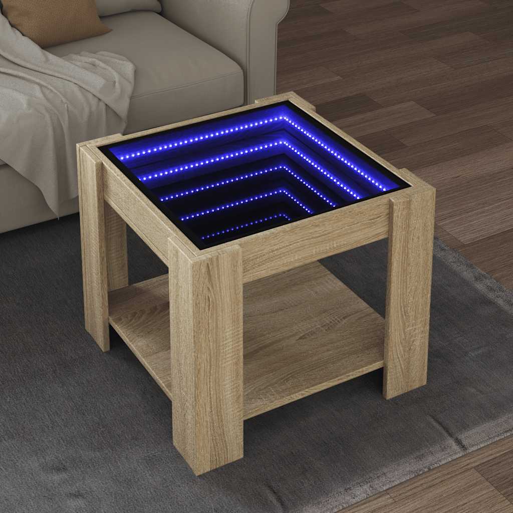 sonoma tölgy szerelt fa dohányzóasztal LED-del 53 x 53 x 45 cm