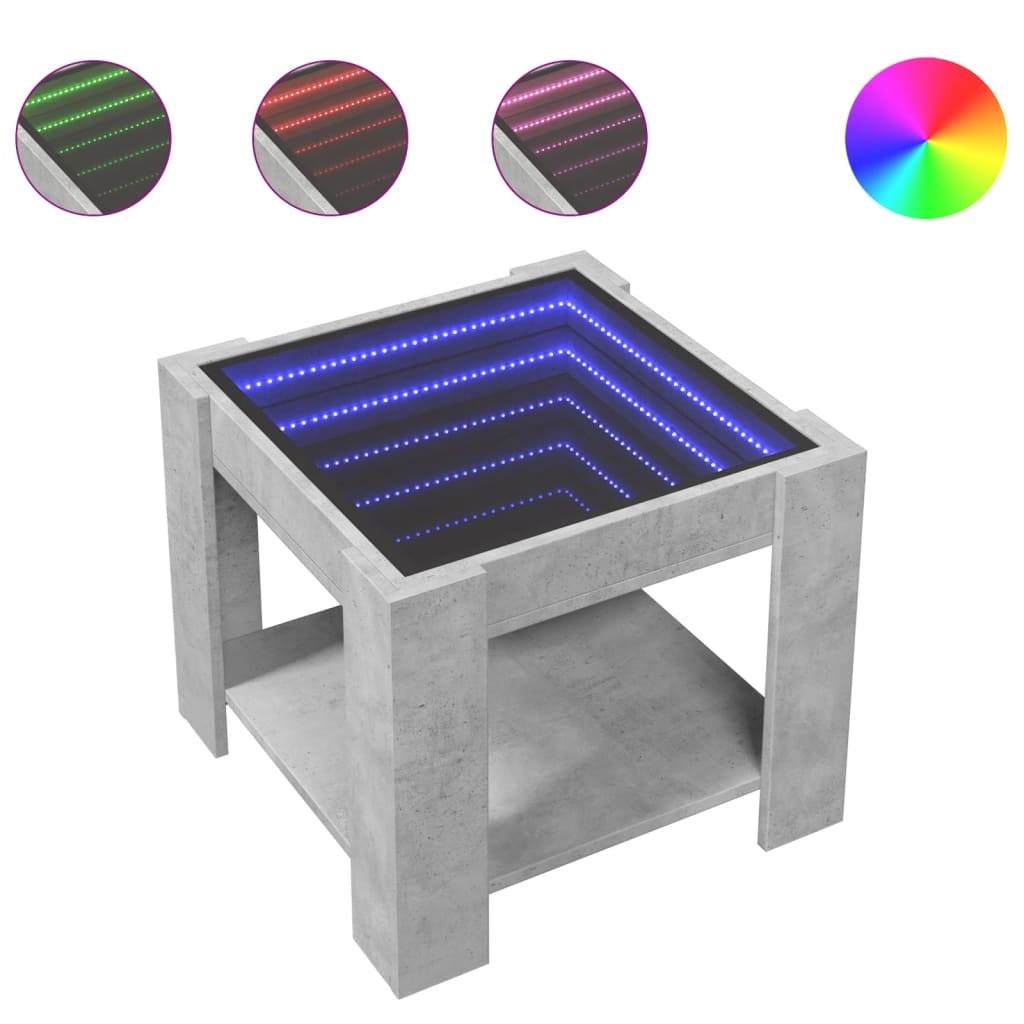 betonszürke szerelt fa dohányzóasztal LED-del 53 x 53 x 45 cm