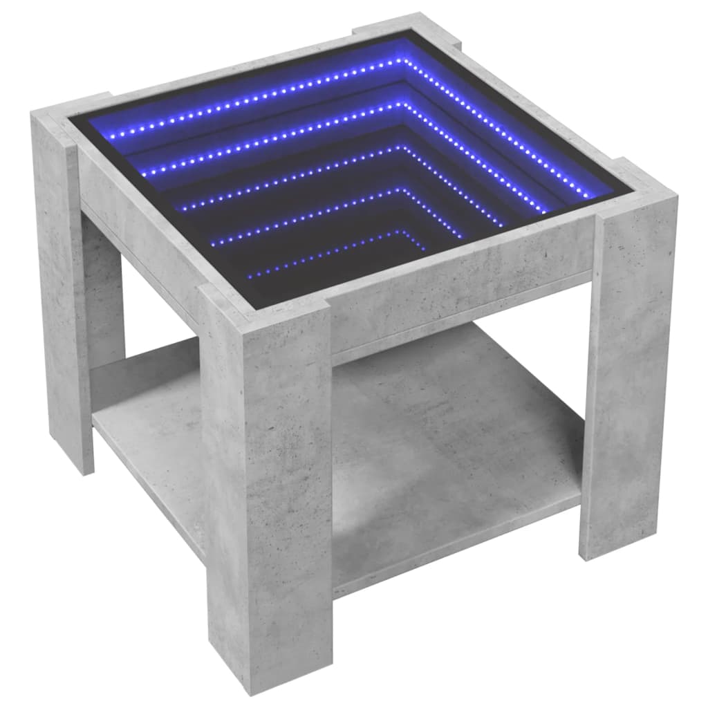 betonszürke szerelt fa dohányzóasztal LED-del 53 x 53 x 45 cm
