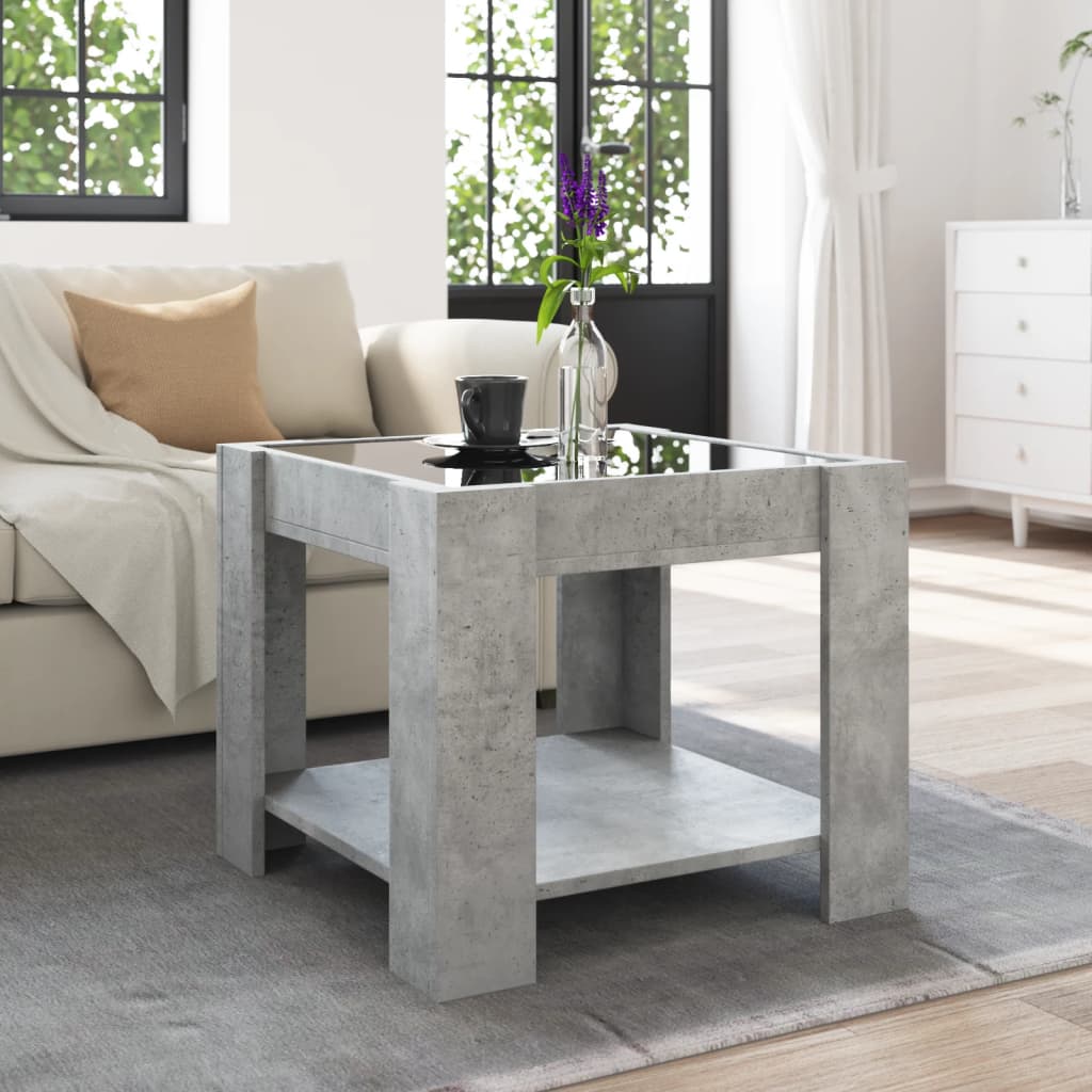 betonszürke szerelt fa dohányzóasztal LED-del 53 x 53 x 45 cm