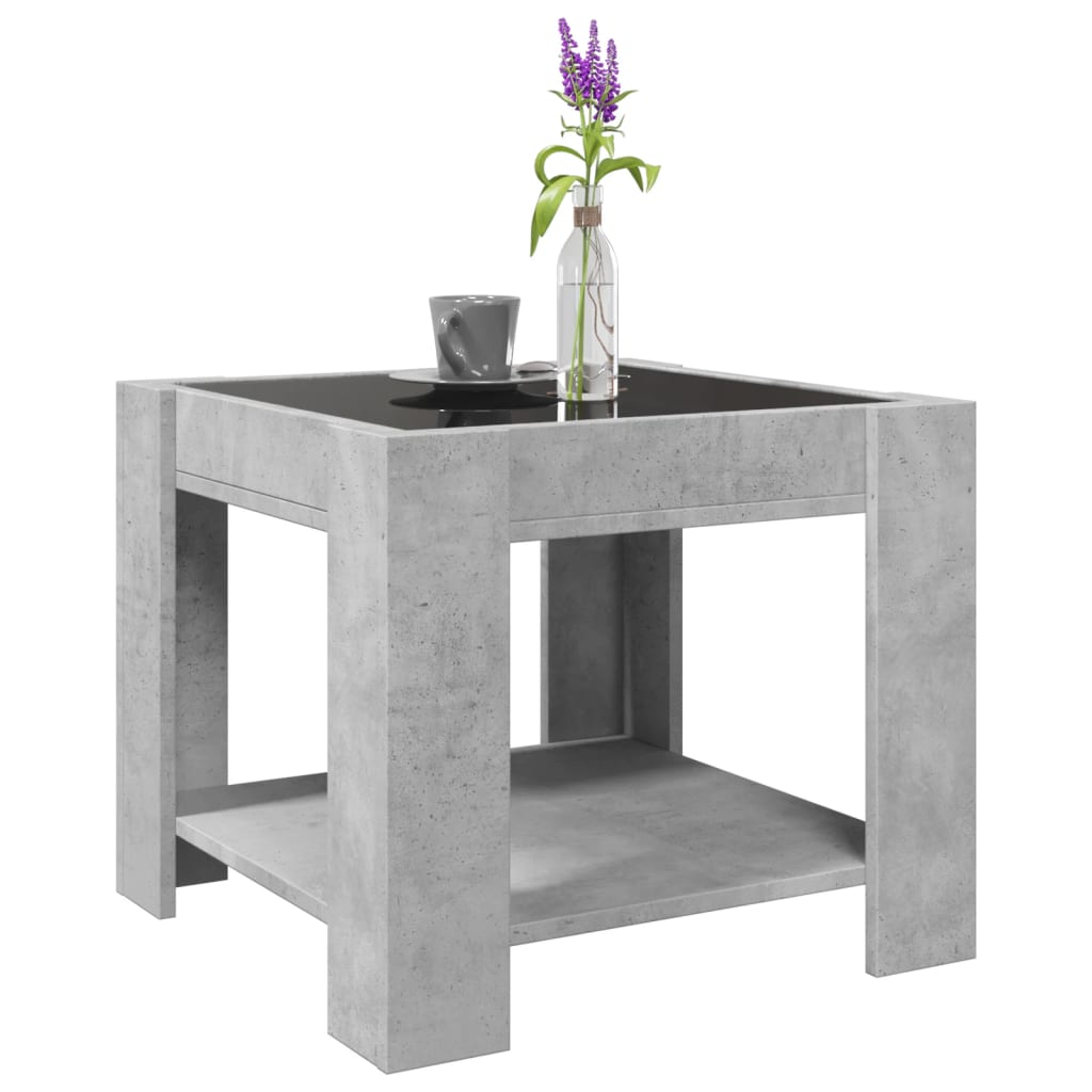 betonszürke szerelt fa dohányzóasztal LED-del 53 x 53 x 45 cm