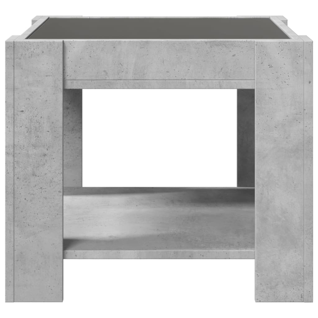 betonszürke szerelt fa dohányzóasztal LED-del 53 x 53 x 45 cm