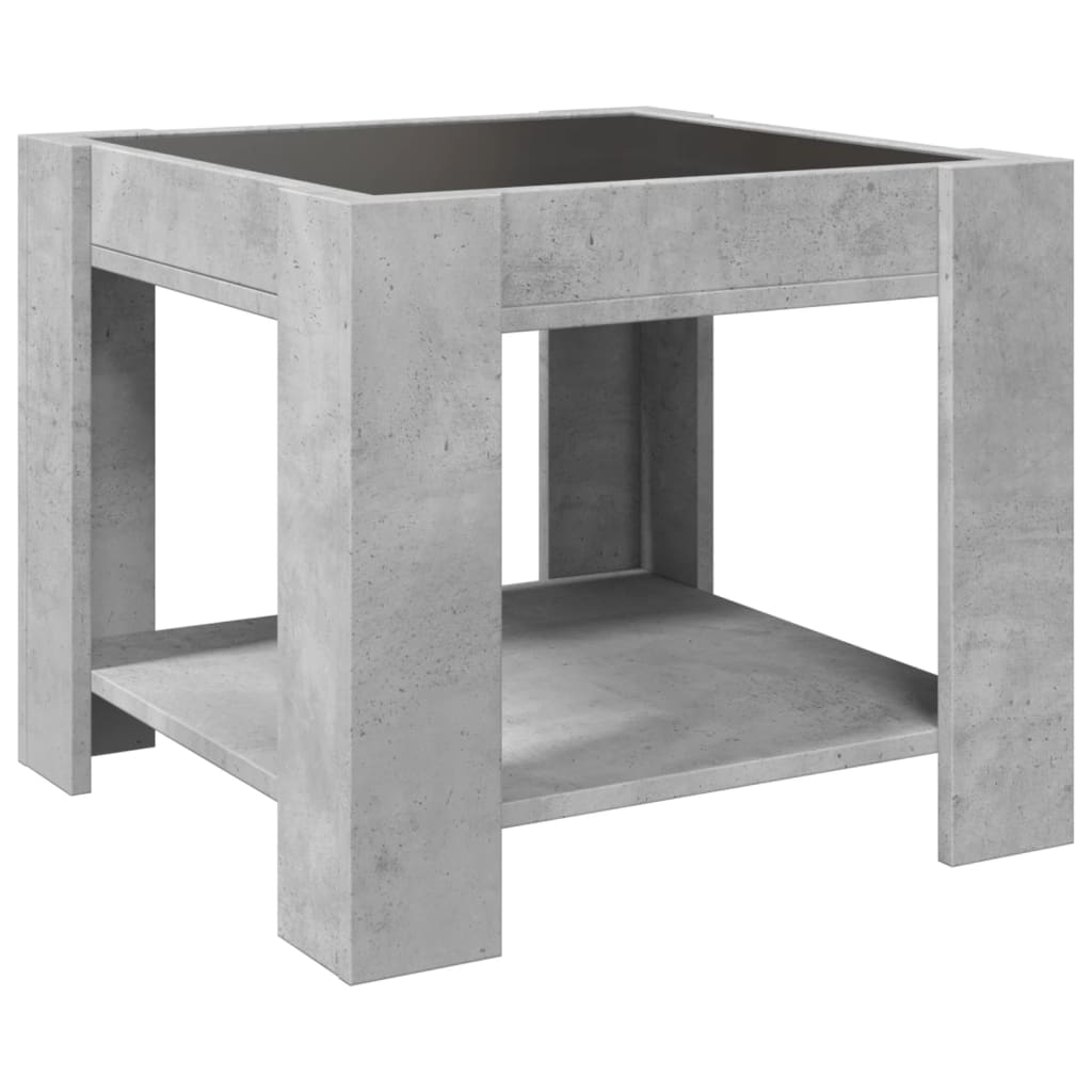 betonszürke szerelt fa dohányzóasztal LED-del 53 x 53 x 45 cm