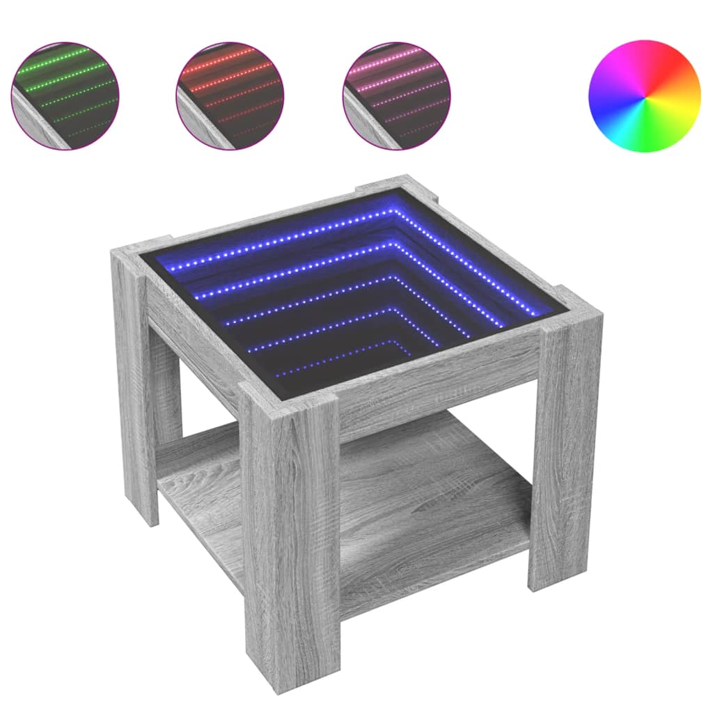 szürke sonoma szerelt fa dohányzóasztal LED-del 53 x 53 x 45 cm