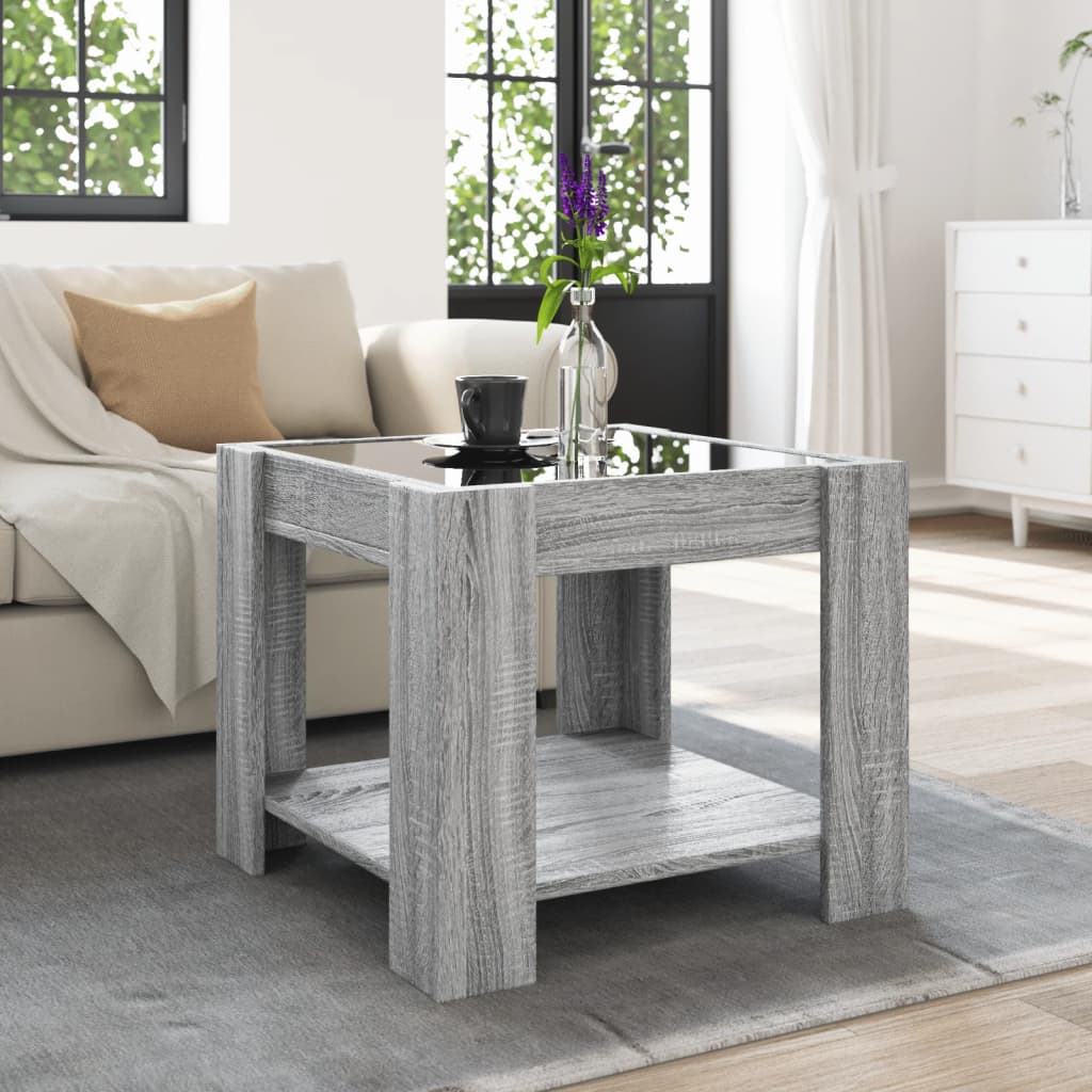 szürke sonoma szerelt fa dohányzóasztal LED-del 53 x 53 x 45 cm