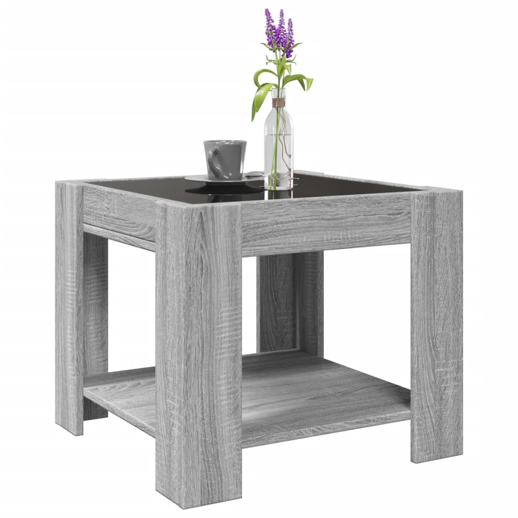 szürke sonoma szerelt fa dohányzóasztal LED-del 53 x 53 x 45 cm