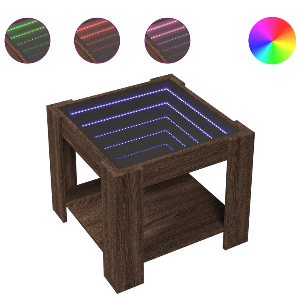 barna tölgy szerelt fa dohányzóasztal LED-del 53 x 53 x 45 cm