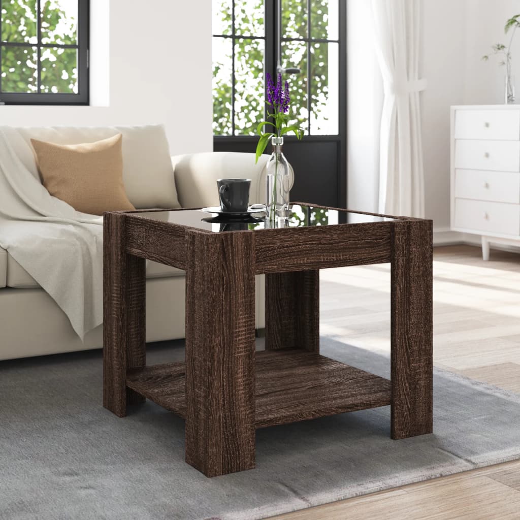barna tölgy szerelt fa dohányzóasztal LED-del 53 x 53 x 45 cm