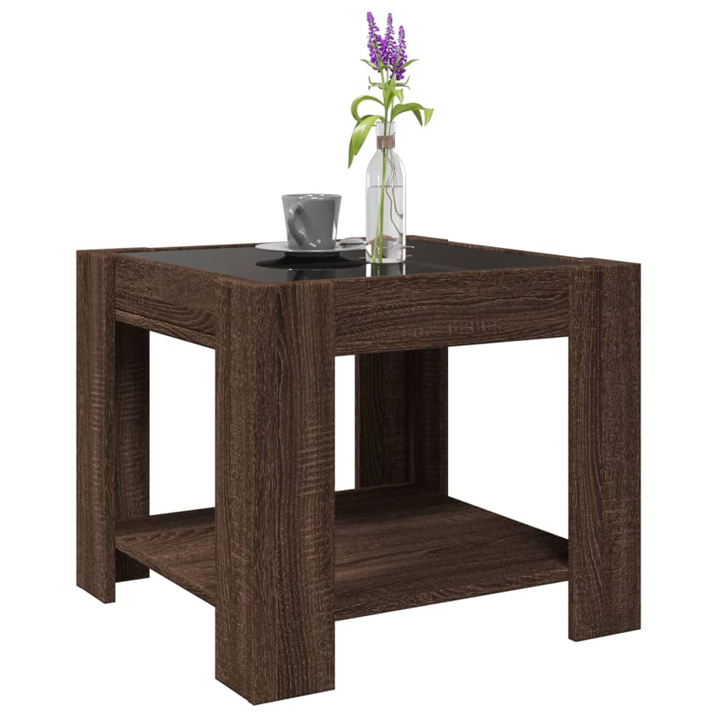 barna tölgy szerelt fa dohányzóasztal LED-del 53 x 53 x 45 cm
