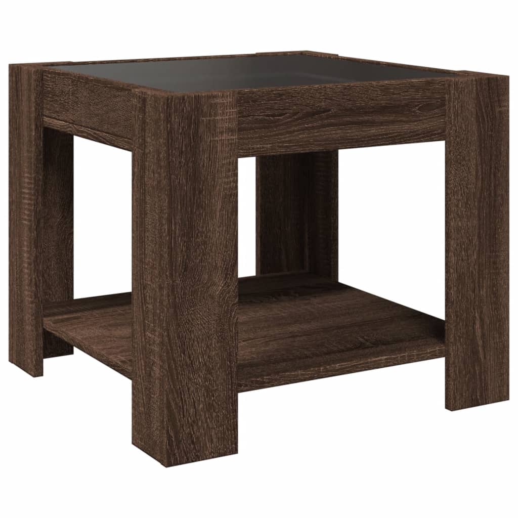 barna tölgy szerelt fa dohányzóasztal LED-del 53 x 53 x 45 cm