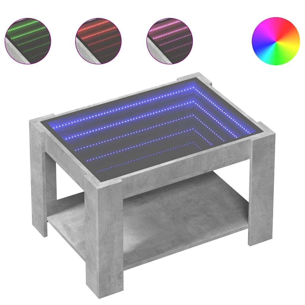betonszürke szerelt fa dohányzóasztal LED-del 73 x 53 x 45 cm