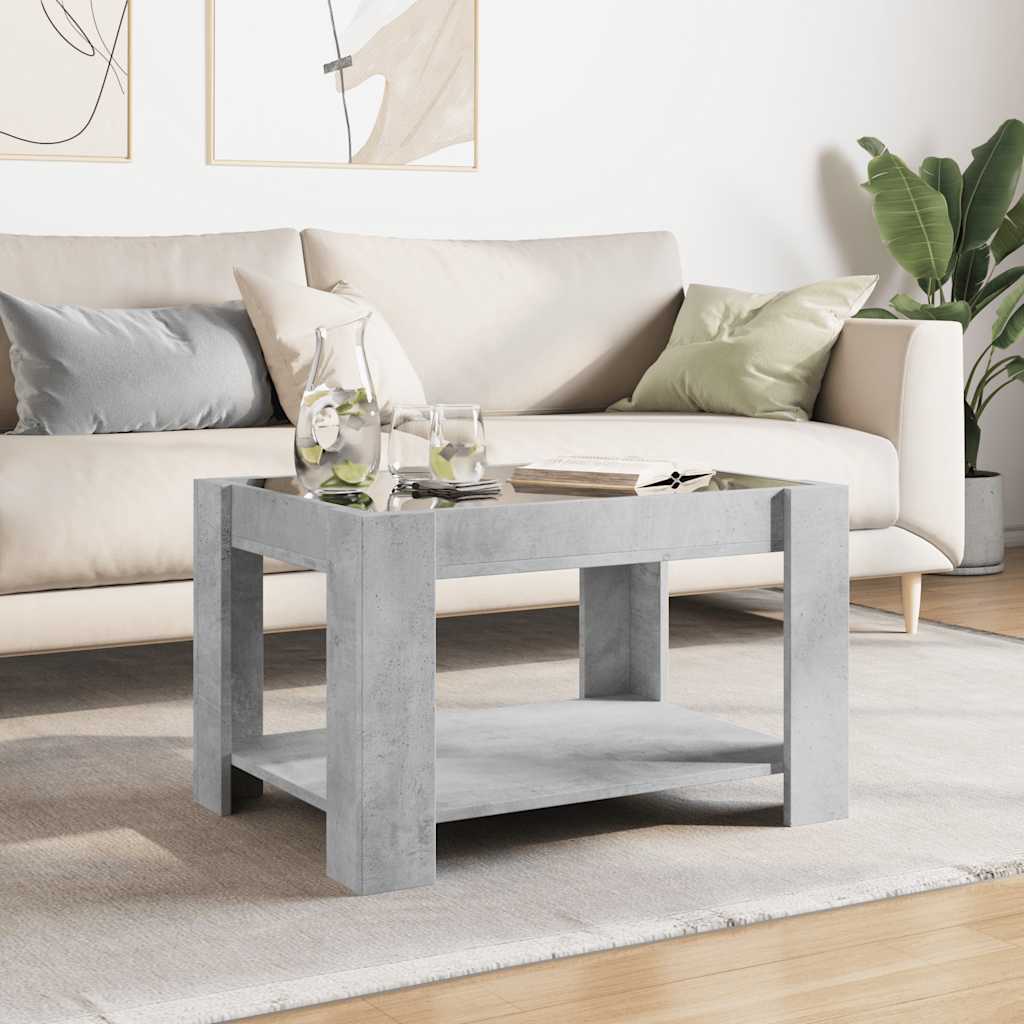 betonszürke szerelt fa dohányzóasztal LED-del 73 x 53 x 45 cm