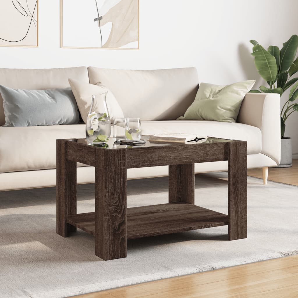 barna tölgy szerelt fa dohányzóasztal LED-del 73 x 53 x 45 cm