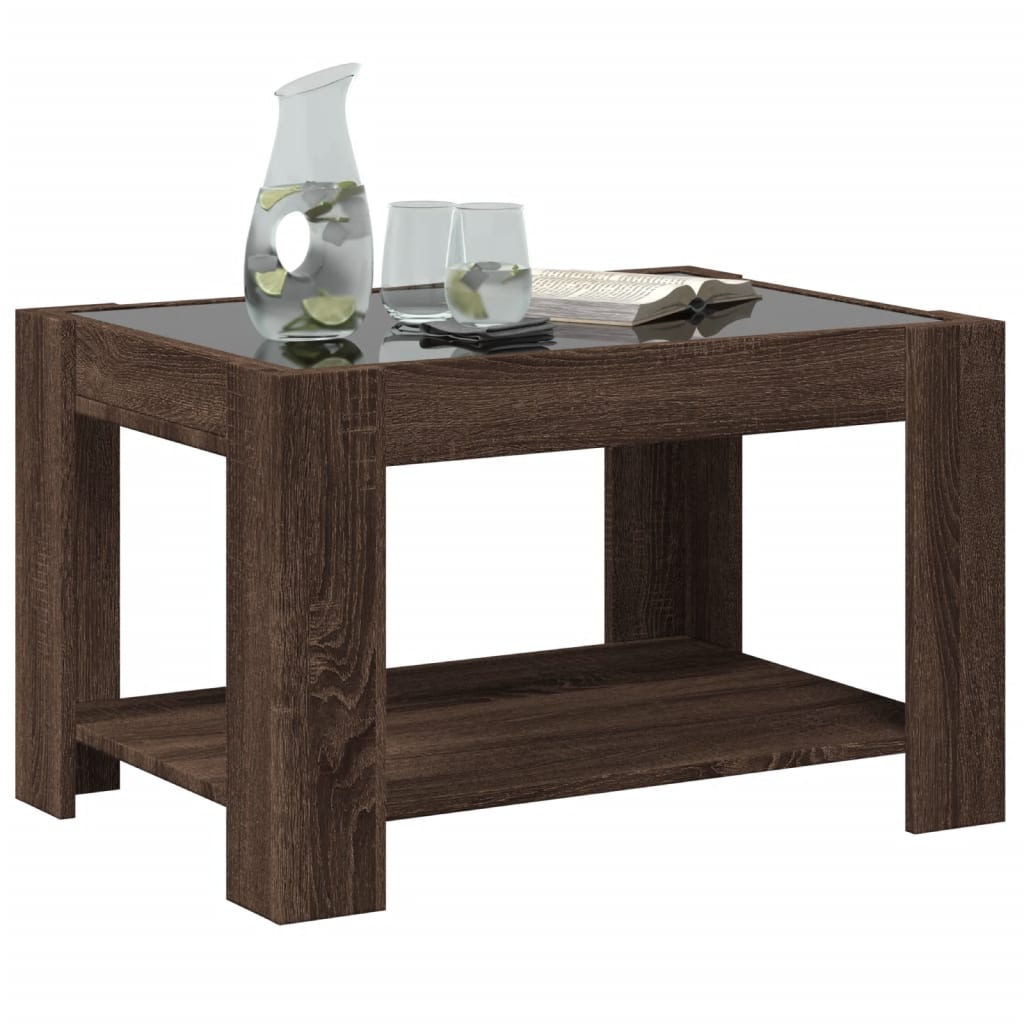 barna tölgy szerelt fa dohányzóasztal LED-del 73 x 53 x 45 cm
