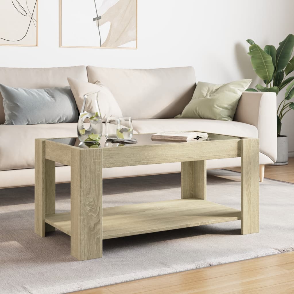 sonoma tölgy szerelt fa dohányzóasztal LED-del 93 x 53 x 45 cm
