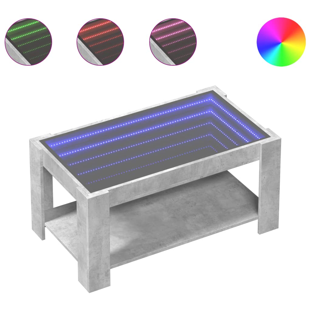 betonszürke szerelt fa dohányzóasztal LED-del 93 x 53 x 45 cm