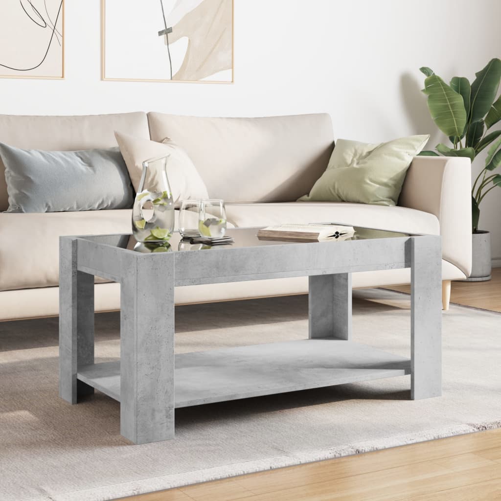 betonszürke szerelt fa dohányzóasztal LED-del 93 x 53 x 45 cm