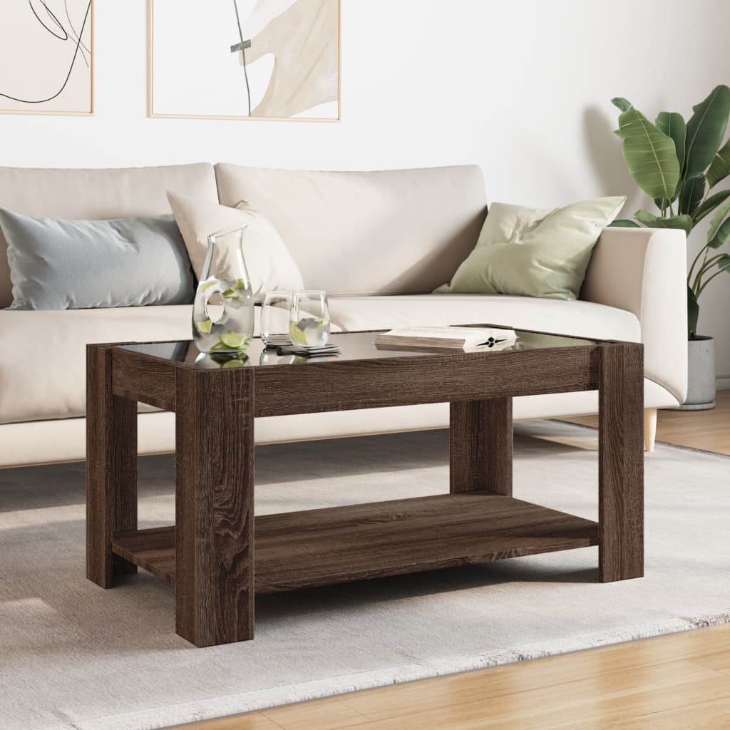 barna tölgy szerelt fa dohányzóasztal LED-del 93 x 53 x 45 cm
