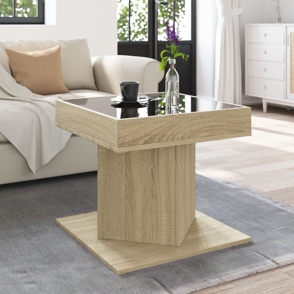 sonoma tölgy szerelt fa dohányzóasztal LED-del 50 x 50 x 45 cm