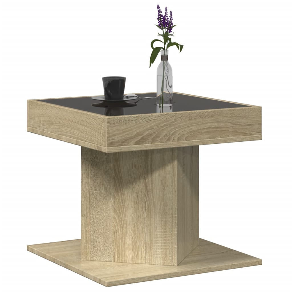sonoma tölgy szerelt fa dohányzóasztal LED-del 50 x 50 x 45 cm