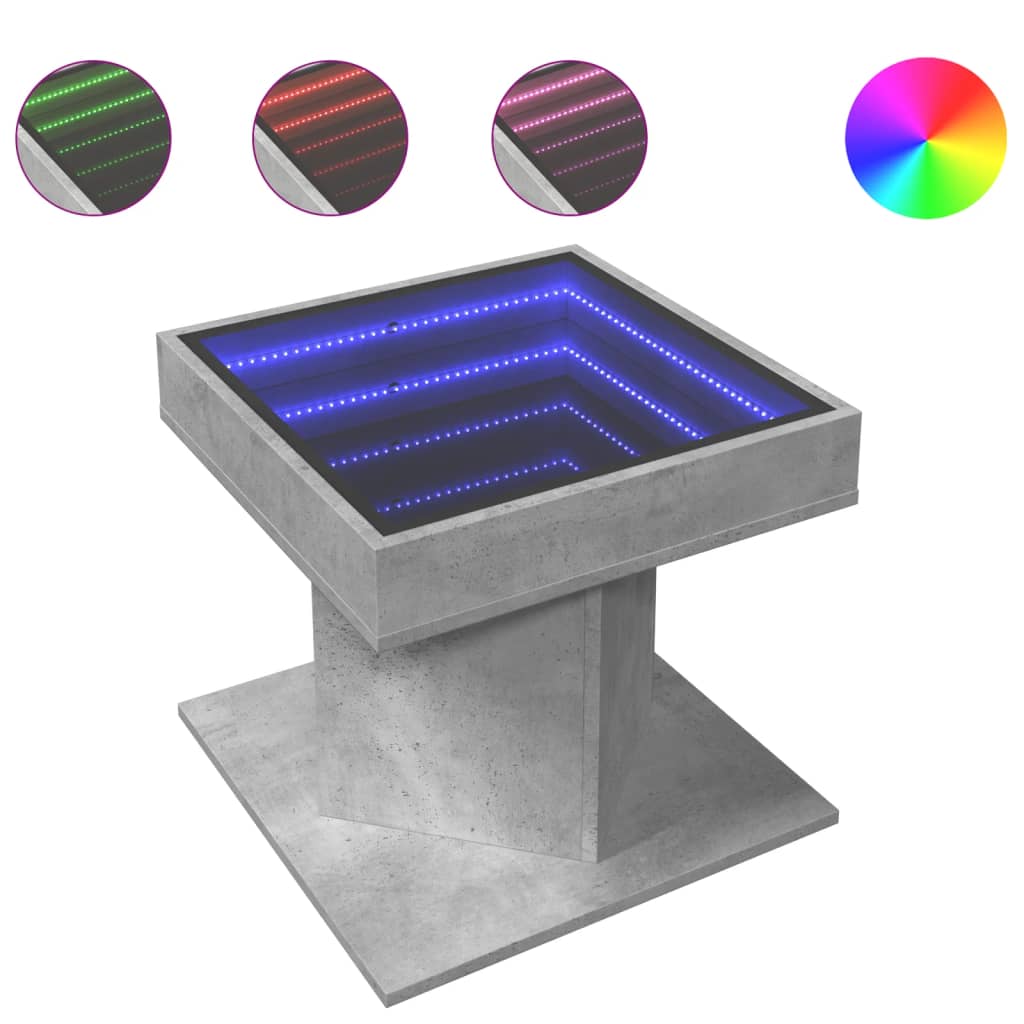 betonszürke szerelt fa dohányzóasztal LED-del 50 x 50 x 45 cm