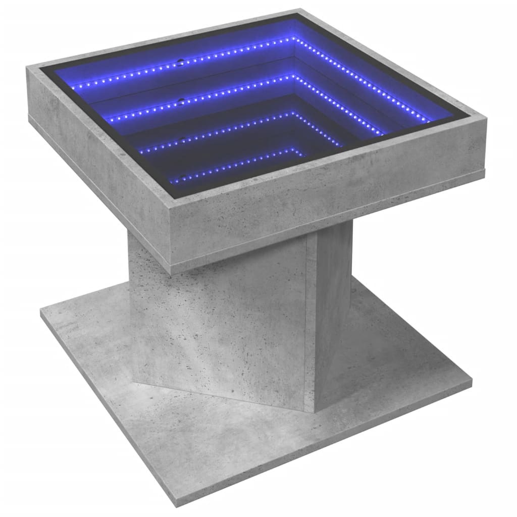 betonszürke szerelt fa dohányzóasztal LED-del 50 x 50 x 45 cm
