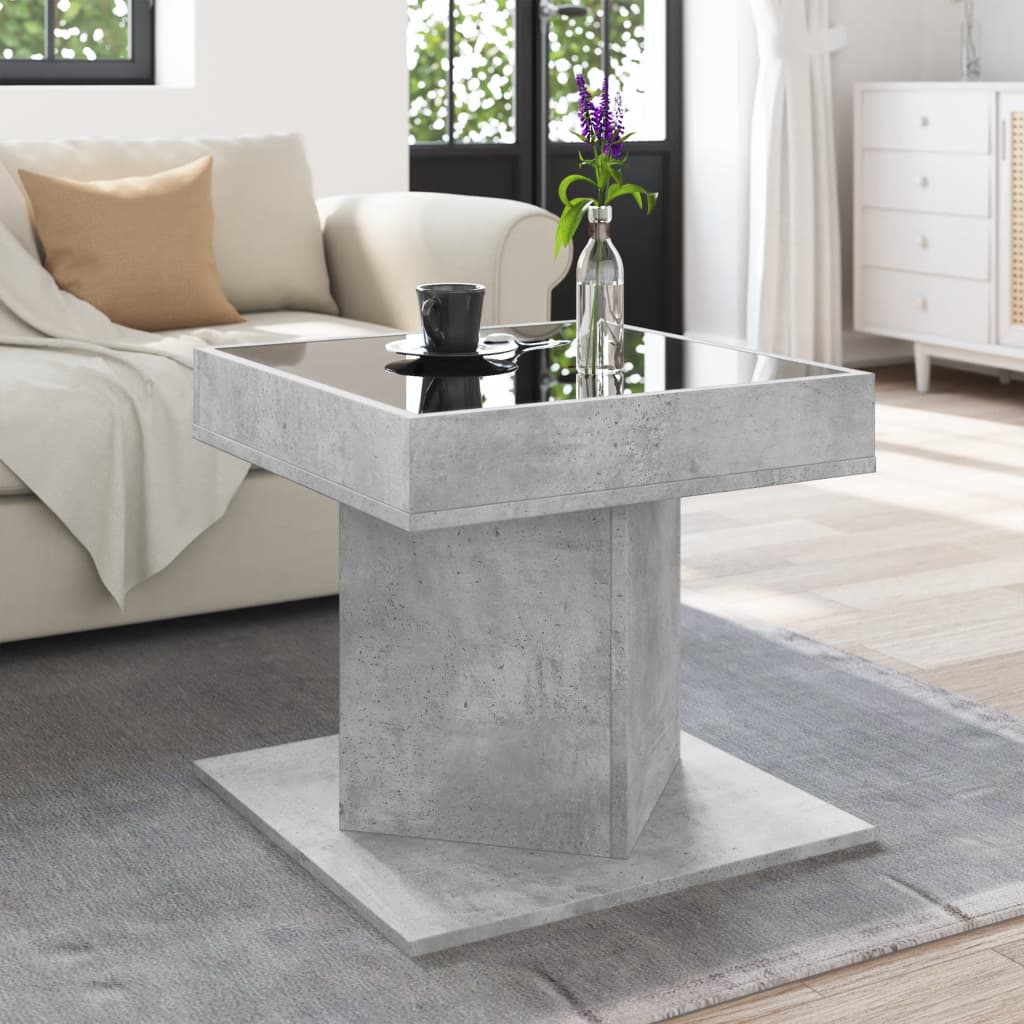 betonszürke szerelt fa dohányzóasztal LED-del 50 x 50 x 45 cm
