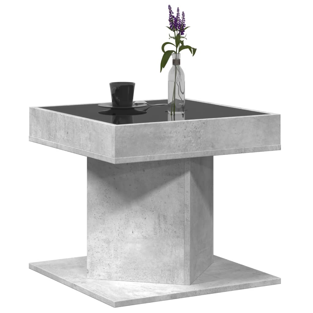 betonszürke szerelt fa dohányzóasztal LED-del 50 x 50 x 45 cm