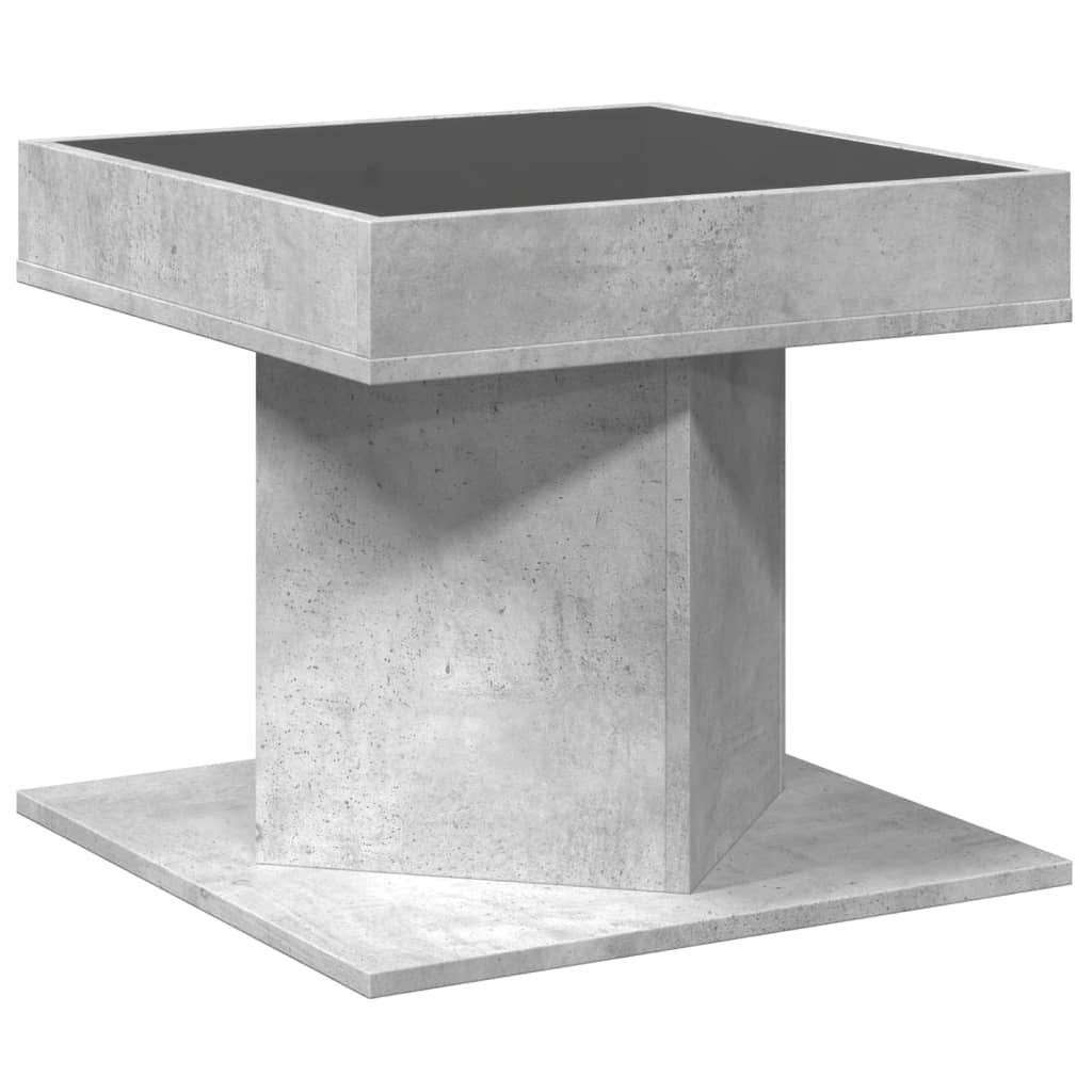 betonszürke szerelt fa dohányzóasztal LED-del 50 x 50 x 45 cm