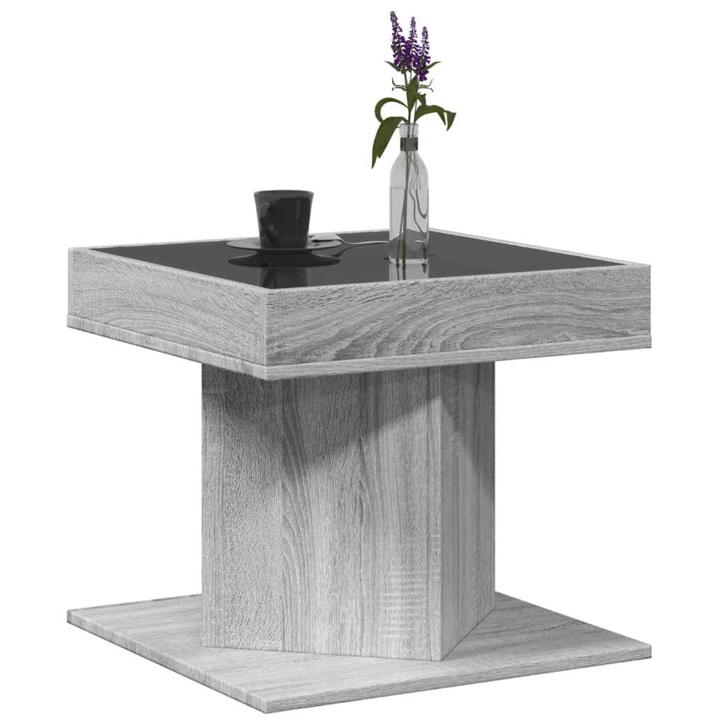 szürke sonoma szerelt fa dohányzóasztal LED-del 50 x 50 x 45 cm