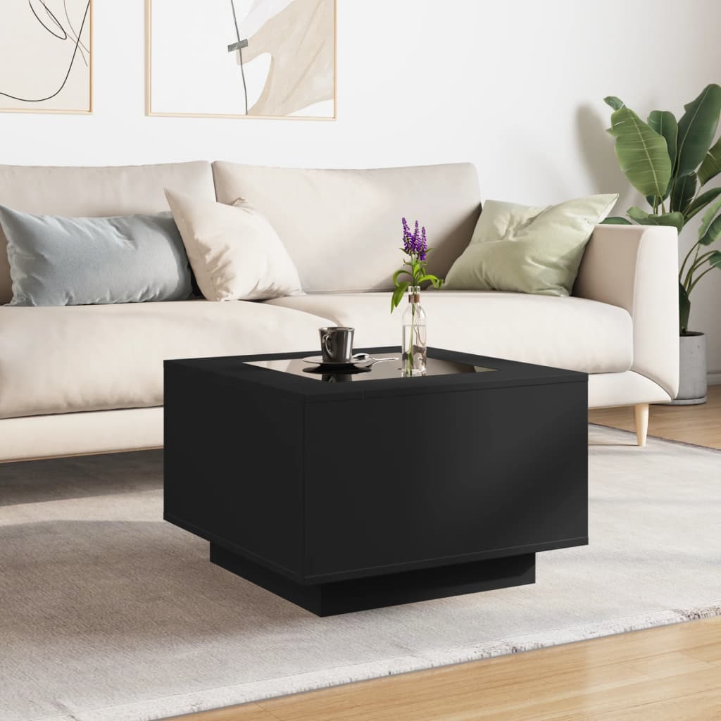 fekete szerelt fa dohányzóasztal LED-lámpákkal 60 x 60 x 40 cm